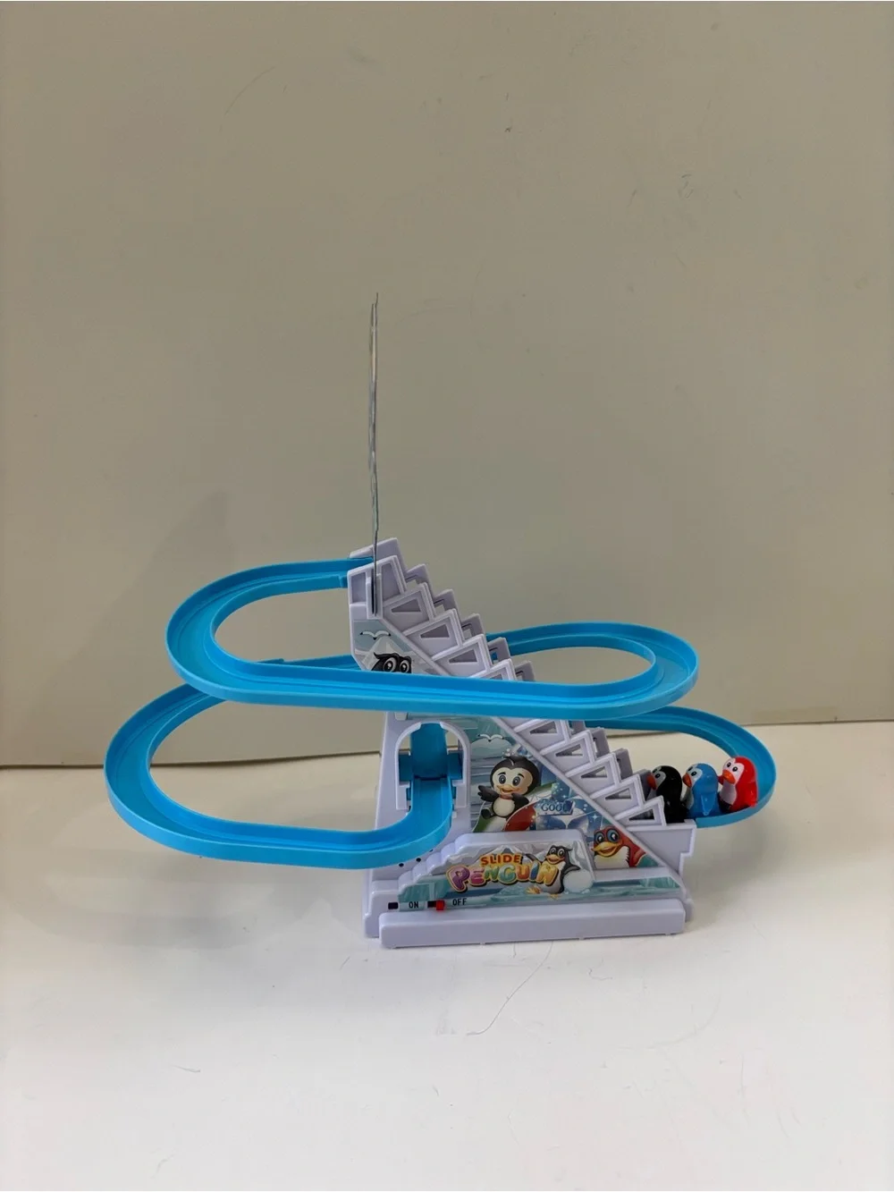Penguin Blue & White Spiral Slide Playset w/ Red, Blue & black Penguins & music